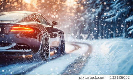 A sleek car drives through snow on a winter road A sleek car drives through snow on a winter road 132186092