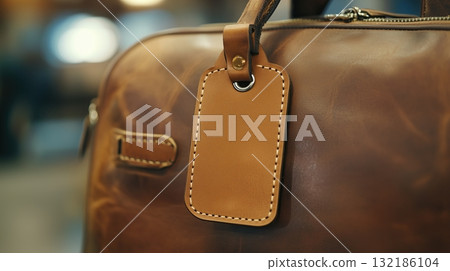 Close-up of a vintage leather luggage tag attached to a stylish travel bag. 132186104