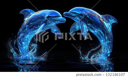 dolphins. water pair blue dolphins dancing light 132186107