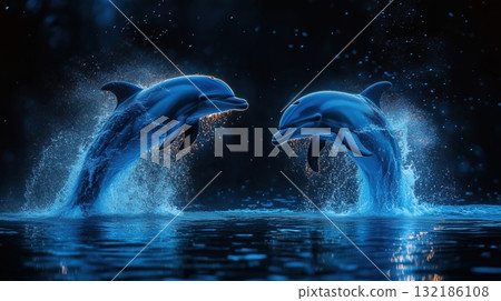 dolphins. water pair blue dolphins dancing light 132186108