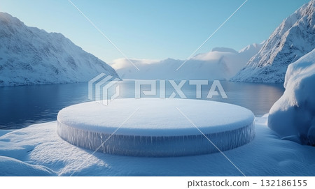 winter scene featuring a podium of ice and snow, symbolizing purity 132186155