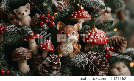 Close-up of a decorated Christmas tree featuring charming animal ornaments 132186264