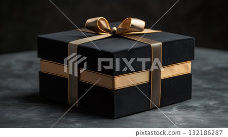 Elegant Black Gift Boxes with Metallic Gold Ribbons 132186287