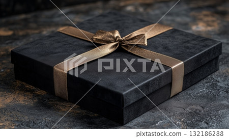 Elegant Black Gift Boxes with Metallic Gold Ribbons 132186288