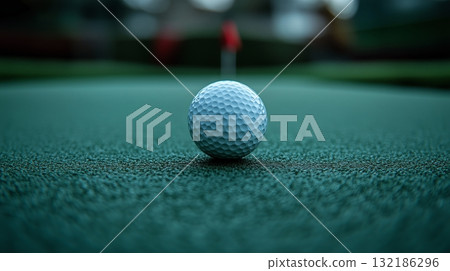 Golf ball resting on a smooth green, with the pin and flag 132186296
