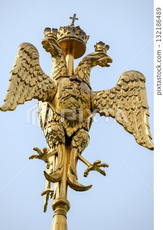 A gilded double-headed eagle statue crowned and perched atop a pole. 132186489