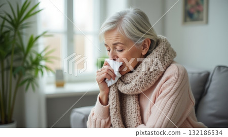 Elderly woman wearing warm scarf and sweater, using tissue while feeling unwell, sitting on sofa in bright cozy room, concept of illness. Common cold concept 132186534