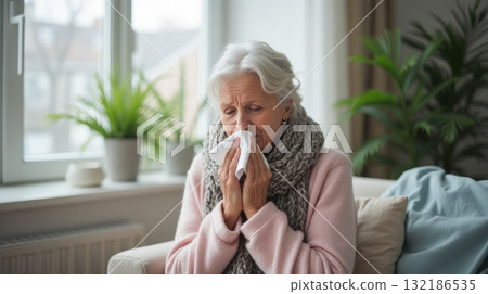 Elderly woman wrapped in a scarf indoors, holding a tissue near her nose. Soft natural light. Concept of seasonal illness Elderly woman wrapped in a scarf indoors, holding a tissue near her nose. Soft natural light. Concept of seasonal illness 132186535
