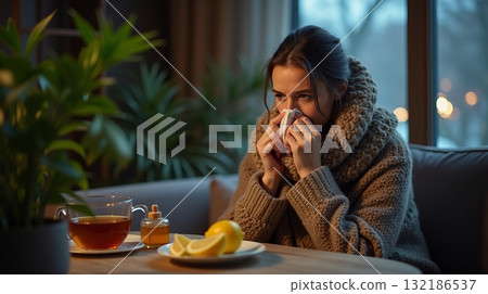 A woman wrapped in a scarf blowing her nose, sitting near tea, honey, and lemon slices, in a warmly lit cozy interior. Concept of cold and flu season. A woman wrapped in a scarf blowing her nose, sitting near tea, honey, and lemon slices, in a warmly lit cozy interior. Concept of cold and flu season. 132186537