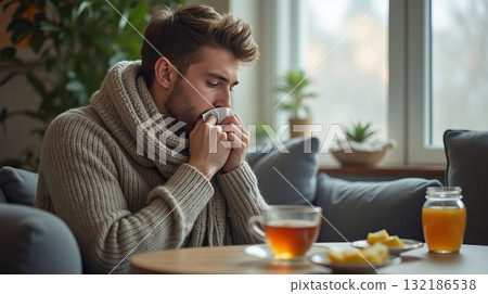 A man wearing a sweater and scarf drinks tea while recovering from a cold in a cozy home setting near a window with plants. Concept of cold and flu season. 132186538