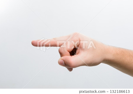 Hand pointing with index finger on white background. 132186613