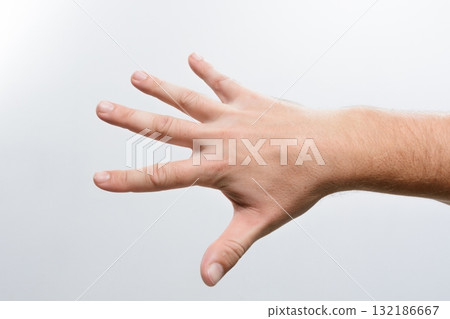 Open hand gesture against a plain background. 132186667