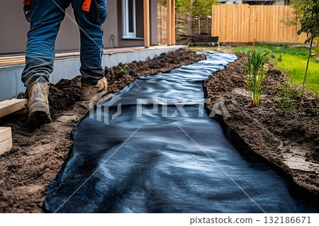 Black geotextile landscape fabric laid in winding trench beside house as worker walks along 132186671
