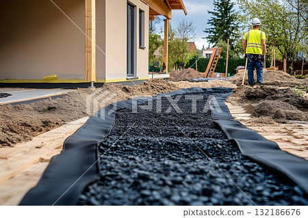 Backyard drainage channel filled with black aggregate over geotextile near new house 132186676