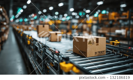 Cardboard boxes on automated conveyor belt in warehouse distribution center 132186819