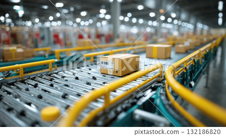 Cardboard boxes on automated conveyor belt in modern distribution warehouse 132186820