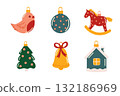 A set of Christmas toys with holiday decorations. Christmas balls, Christmas tree ornaments, a horse, a bell, and a bird. Vector illustration on a white background. 132186969