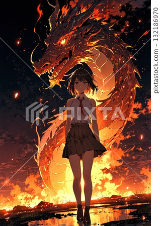 燃燒的龍和女孩的插圖 132186970