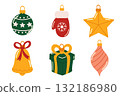 Set of Christmas tree toys on white background. Festive glass balls with pattern. Vector isolated elements 132186980