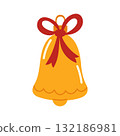 A glass Christmas tree ornament featuring a yellow bell and a red bow. A Christmas tree decoration. 132186981