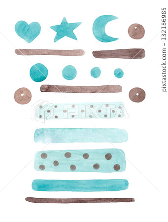 Heart, star, moon, dots, and stripes. Mint and brown watercolor. Isolated hand-painted elements for your design Heart, star, moon, dots, and stripes. Mint and brown watercolor. Isolated hand-painted elements for your design 132186985