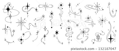 Christmas star sparkles and twinkles with burst flashes of celestial sparks, vector blink glitter. Shooting stars of space, galaxy, starlight shine in Boho style for celestial esoteric or Chrismtas 132187047