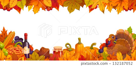 Thanksgiving holiday border frame filled with red, orange and yellow autumn leaves. Vector border decorated with pumpkins, funny turkey, corn cobs, acorns, berries, pears and apples for Thanksgiving Thanksgiving holiday border frame filled with red, orange and yellow autumn leaves. Vector border decorated with pumpkins, funny turkey, corn cobs, acorns, berries, pears and apples for Thanksgiving 132187052