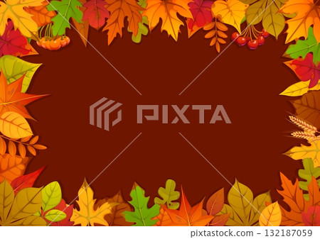 Autumn fall season vector frame with red, brown, orange and red oak, birch, maple or aspen leaves. Seasonal Thanksgiving harvest border rectangular template with foliage, golden wheat spike or berries Autumn fall season vector frame with red, brown, orange and red oak, birch, maple or aspen leaves. Seasonal Thanksgiving harvest border rectangular template with foliage, golden wheat spike or berries 132187059