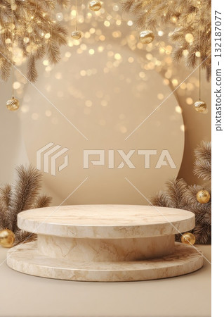 Elegant double-tiered marble podium with subtle gold accents, framed by festive pine garlands and golden bokeh lights against soft beige circle backdrop. Ideal for luxury winter product display 132187077