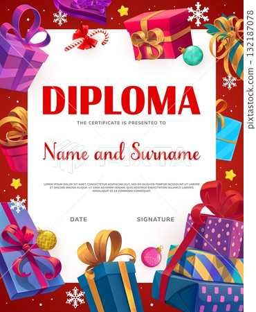 Christmas diploma certificate vector template. Santa holiday award letter with frame from gifts, glass baubles, candy cane, stars and snowflakes. Cartoon winner diploma with area for text 132187078