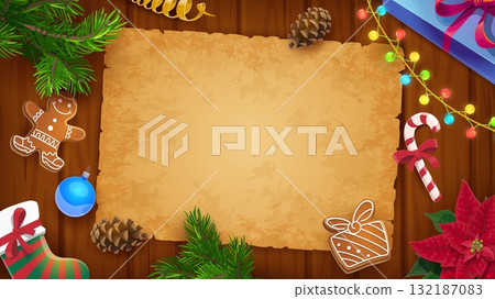 Merry Christmas paper old parchment scroll on wooden background, surrounded by festive pine branch, cones, gingerbread cookies, poinsettia, stocking and Christmas lights. Xmas vector template top view 132187083