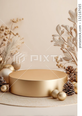 Golden circular podium against a soft beige background, surrounded by pine cones, neutral-toned foliage and gold Christmas ornaments. Ideal for elegant winter product display 132187085