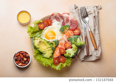 Balanced ketogenic diet meal with salmon, avocado, egg, bacon and vegetables on plate with cutlery top view on beige background 132187088