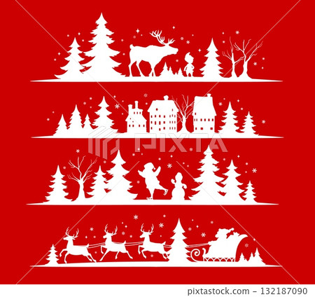 Christmas silhouettes dividers and border frames with layered pine trees, bare branches, quaint house and roaming reindeer. Lower strips show Santa riding sleigh team. Vector white Xmas winter decals 132187090