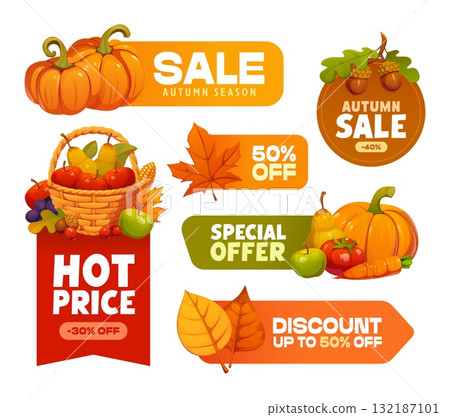 Autumn seasonal sale tags and vector labels with ripe pumpkins, vegetables, fruits and scattered fall leaves. Seasonal discounts, shop promotions and fall sales advertising tags and promo offer labels 132187101