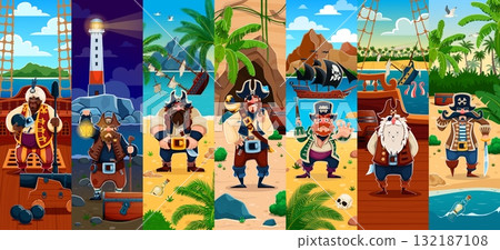 Caribbean and African pirate characters collage on corsair ship, cartoon vector. Pirate captain with treasure chest, boatswain with sword and sailor skipper with Jolly Roger flag on pirate sailboat 132187108