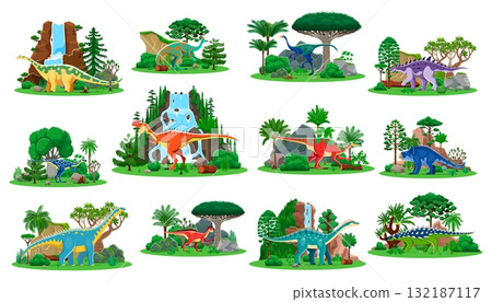 Prehistoric dinosaur characters, Jurassic lizards and reptiles in jungle forest, cartoon vector. Prehistoric era funny lizards, reptiles and dinosaurs for kids paleontology atlas and dino encyclopedia 132187117