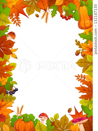 Happy Thanksgiving frame with pumpkins and autumn leaves. Cartoon vector vertical blank seasonal border features vivid leaves, festive harvest pumpkins, forest mushrooms, acorns, berries, wheat ears Happy Thanksgiving frame with pumpkins and autumn leaves. Cartoon vector vertical blank seasonal border features vivid leaves, festive harvest pumpkins, forest mushrooms, acorns, berries, wheat ears 132187130