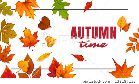Autumn time greeting card frame with fall red and yellow leaves. Cartoon vector festive rectangular banner or greeting card with thin border evokes seasonal warmth, beauty, and fall season celebration Autumn time greeting card frame with fall red and yellow leaves. Cartoon vector festive rectangular banner or greeting card with thin border evokes seasonal warmth, beauty, and fall season celebration 132187132