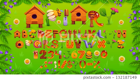 Honey bee font letters, apiary beekeeping typeface English alphabet. Cartoon vector abc symbols and numbers with a honeybee beehives, honey, bees, flowers, and garden tools on a green field background 132187149