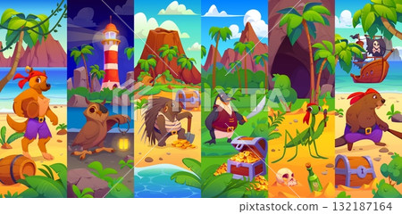 Cartoon animal pirate characters and corsair ship crew collage, vector personages. Caribbean pirate animal characters on treasure island, porcupine corsair or beaver boatswain and penguin captain Cartoon animal pirate characters and corsair ship crew collage, vector personages. Caribbean pirate animal characters on treasure island, porcupine corsair or beaver boatswain and penguin captain 132187164