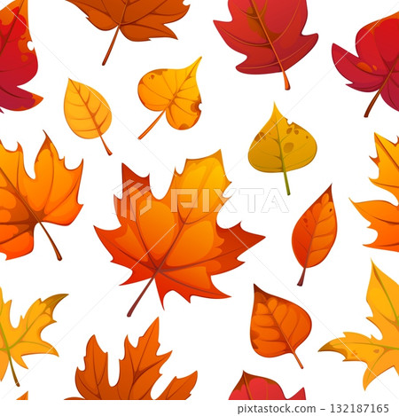 Autumn fall season leaves vector seamless pattern of maple, oak and birch autumn foliage background in red, orange, yellow and brown colors. Autumn seasonal pattern of fall leaves foliage scatter Autumn fall season leaves vector seamless pattern of maple, oak and birch autumn foliage background in red, orange, yellow and brown colors. Autumn seasonal pattern of fall leaves foliage scatter 132187165