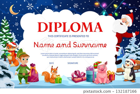Christmas diploma certificate for winter holidays. Vector template with Santa, elf, pig, penguin, squirrel and orange fox with cup of hot chocolate. Cartoon award diploma with spruce, sled and gifts 132187166