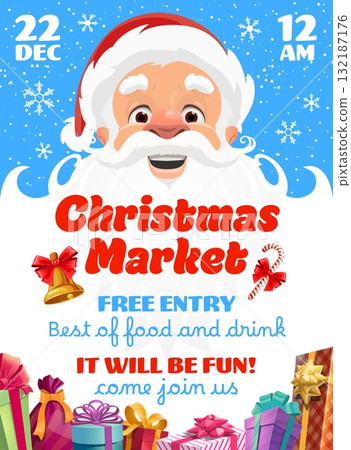 Christmas market flyer with funny Santa and his white beard and candy cane, golden bell, sack with gifts. Claus in red hat and costume on blue poster. Cartoon character season fair banner Christmas market flyer with funny Santa and his white beard and candy cane, golden bell, sack with gifts. Claus in red hat and costume on blue poster. Cartoon character season fair banner 132187176
