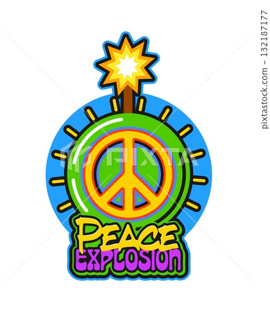 Dynamite and tnt vintage y2k sticker, bomb retro patch label. Vector bright and colorful badge featuring a green bomb with a glowing peace symbol, lit fuse and playful graffiti text peace explosion Dynamite and tnt vintage y2k sticker, bomb retro patch label. Vector bright and colorful badge featuring a green bomb with a glowing peace symbol, lit fuse and playful graffiti text peace explosion 132187177