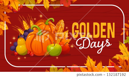 Thanksgiving harvest festival greetings banner with pumpkins, green and red apples or wheat ears. Pear, grape, acorn and berry with autumn leaves, corn cob on wooden vector background for Thanksgiving Thanksgiving harvest festival greetings banner with pumpkins, green and red apples or wheat ears. Pear, grape, acorn and berry with autumn leaves, corn cob on wooden vector background for Thanksgiving 132187192