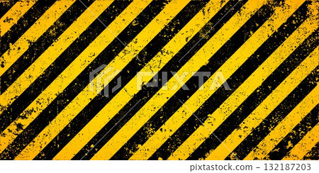 Warning sign with yellow and black diagonal lines. Attention, danger or caution symbol. Construction site signage, road safety notice, hazard banner, security alert shield. Vector illustration 132187203