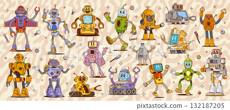 Cartoon funny groovy robot and droid characters with mechanical arms, screens and antennas. Vector retro psychedelic robot toys, vintage groovy space bot monsters, cute cyborgs and transformers 132187205