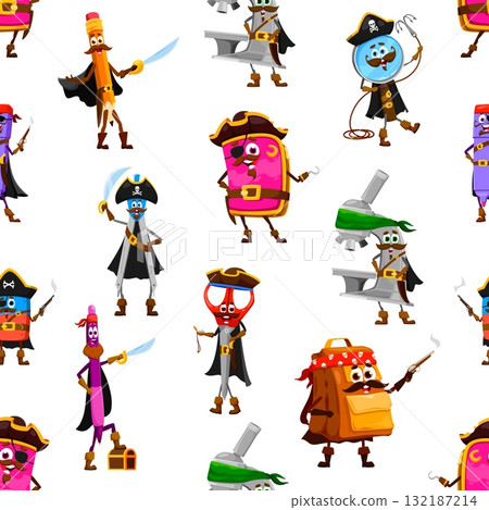 School stationery pirate and corsair characters seamless pattern. Vector glue, pencil, eraser and scissors, sharpener, backpack or pen corsair personages with swords, capes and tricorn hats background 132187214