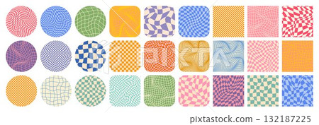 Groovy checkered pattern, colorful tiled grid. Vintage wavy curved backdrop, distortion effect. Funky geometric chessboard texture, retro background in 90s style, y2k. Vector illustration 132187225